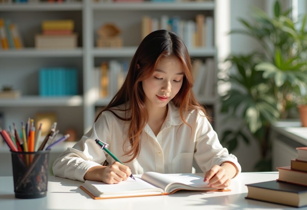 Estudiante adulto estudiando con flashcards para oposiciones en un escritorio moderno y luminoso.