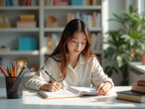 Estudiante adulto estudiando con flashcards para oposiciones en un escritorio moderno y luminoso.
