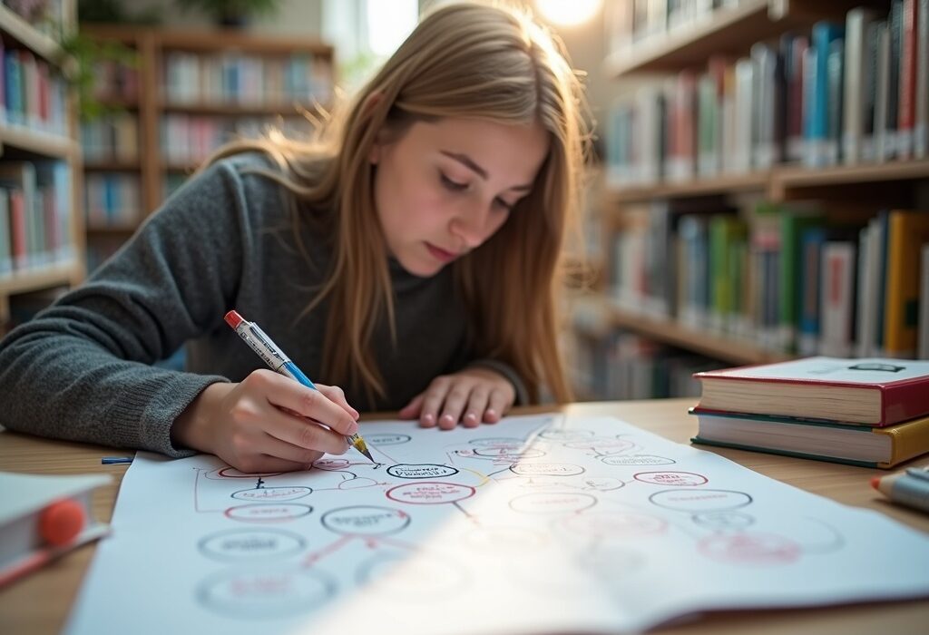 Estudiante creando un mapa mental para estudiar en una biblioteca moderna con luz natural.