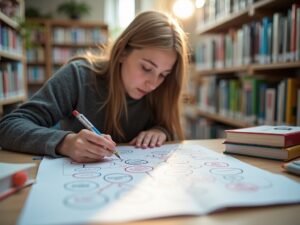 Estudiante creando un mapa mental para estudiar en una biblioteca moderna con luz natural.