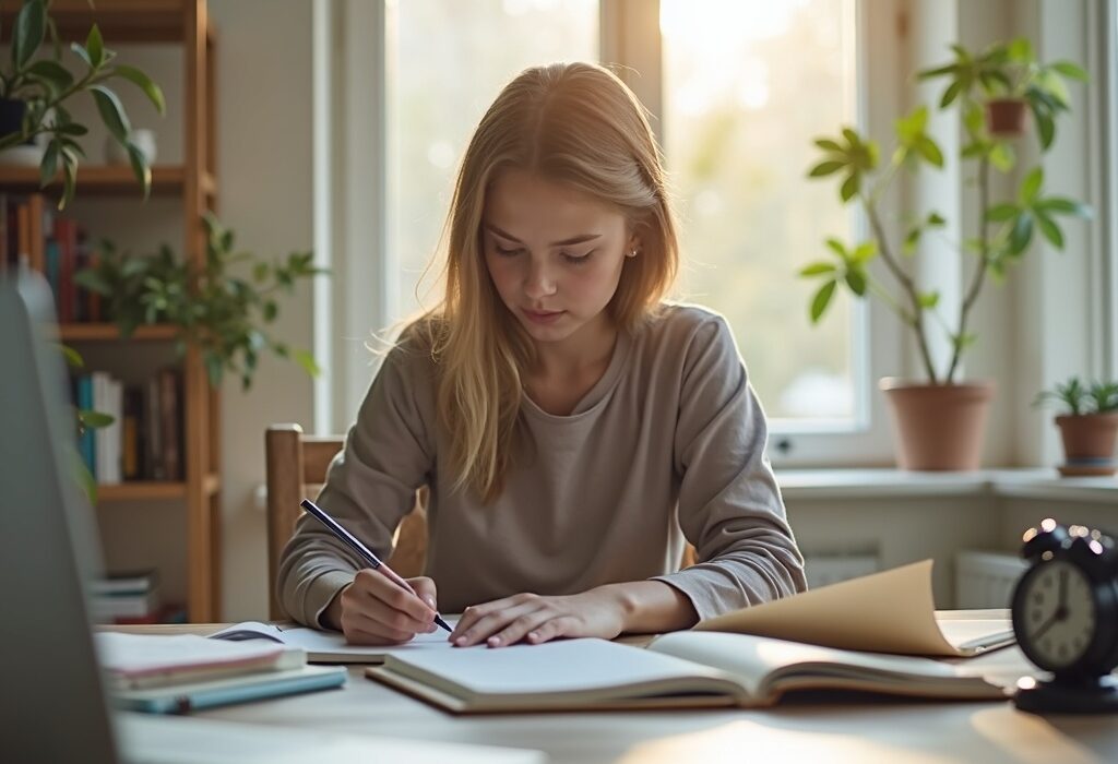 Estudiante adulto utilizando el método Pomodoro en un escritorio organizado con luz natural.
