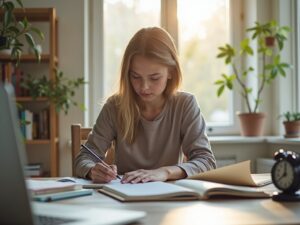 Estudiante adulto utilizando el método Pomodoro en un escritorio organizado con luz natural.