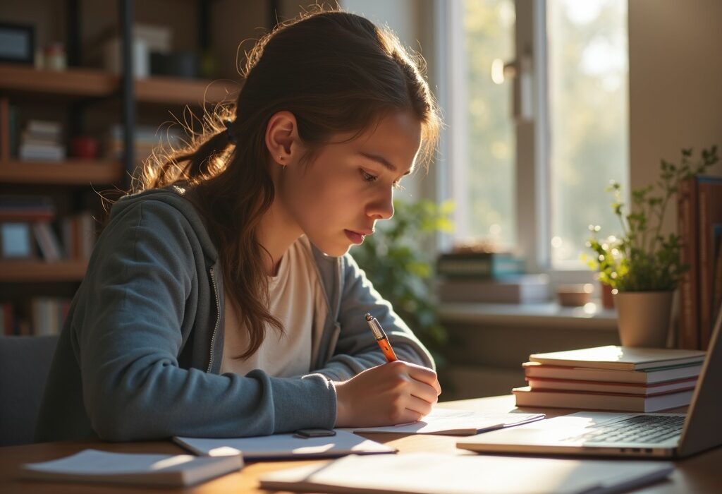 Estudiante adulto concentrado estudiando con materiales organizados, usando la técnica de repetición espaciada.