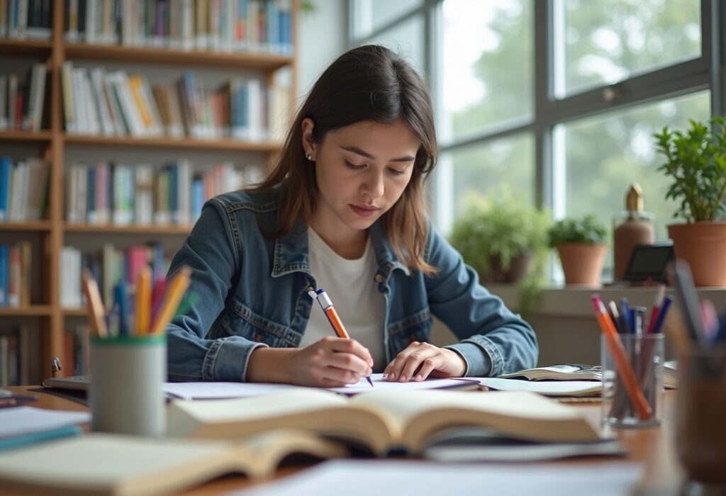 Estudiante adulto enfocado en un escritorio organizado estudiando como opositar con libros y materiales de oficina.