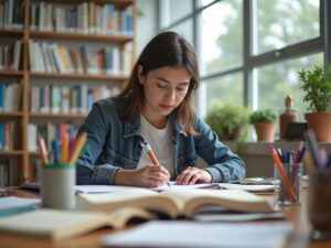 Estudiante adulto enfocado en un escritorio organizado estudiando como opositar con libros y materiales de oficina.