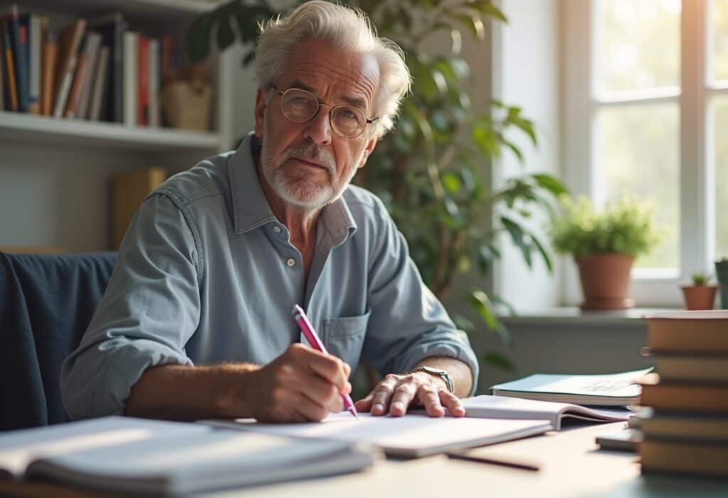 Adulto de 50 años estudiando en un escritorio bien organizado, reflejando determinación para opositar.