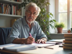 Adulto de 50 años estudiando en un escritorio bien organizado, reflejando determinación para opositar.