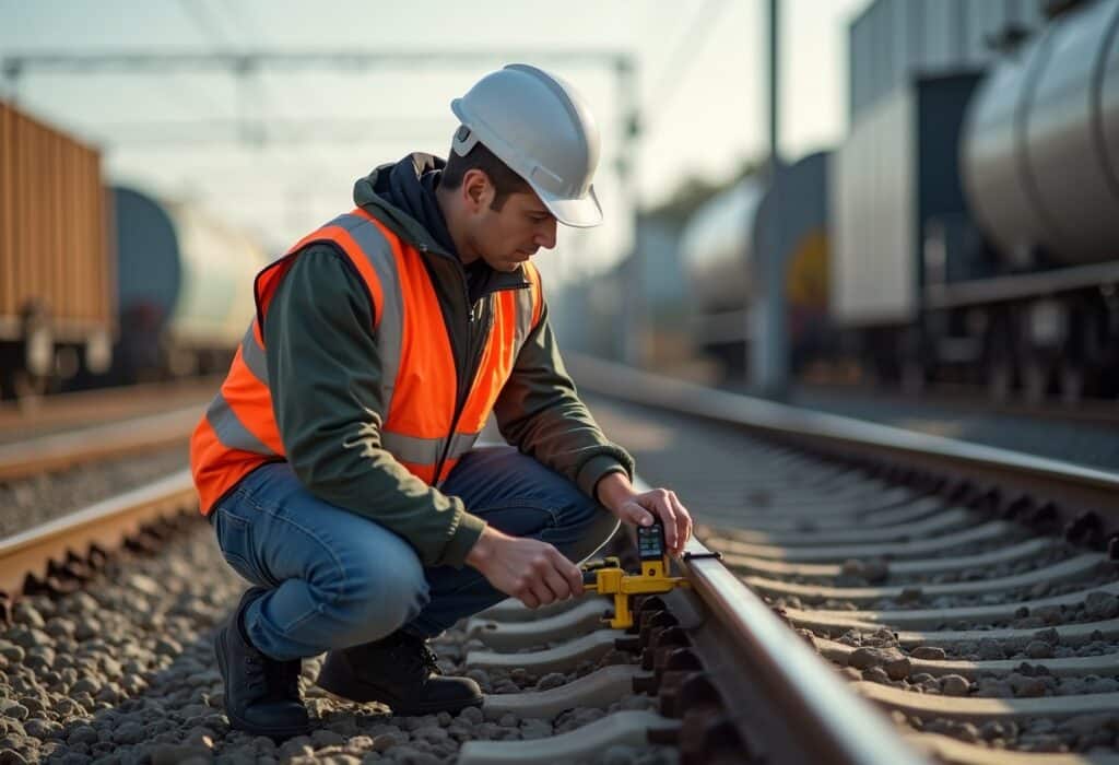 Ayudante ferroviario inspeccionando vías con casco y chaleco de seguridad.