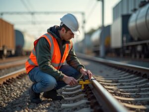 Ayudante ferroviario inspeccionando vías con casco y chaleco de seguridad.
